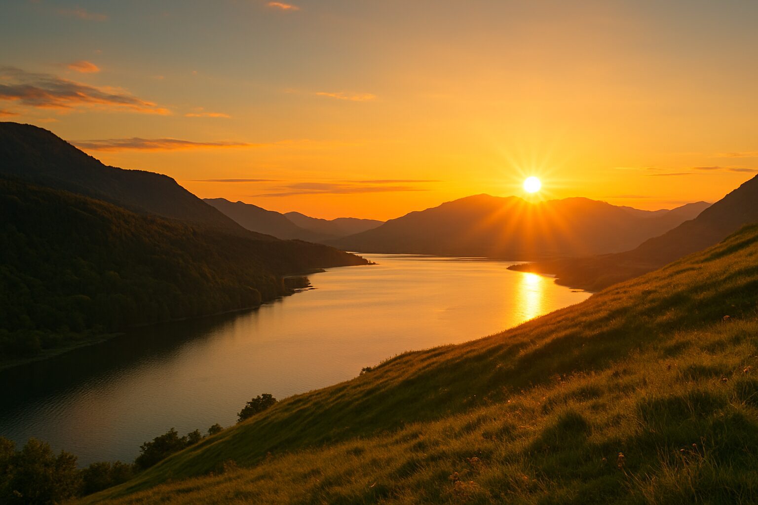 Sunset over a tranquil lake with golden light reflecting on the water, rolling green hills in the foreground, and distant mountain peaks under a colorful sky