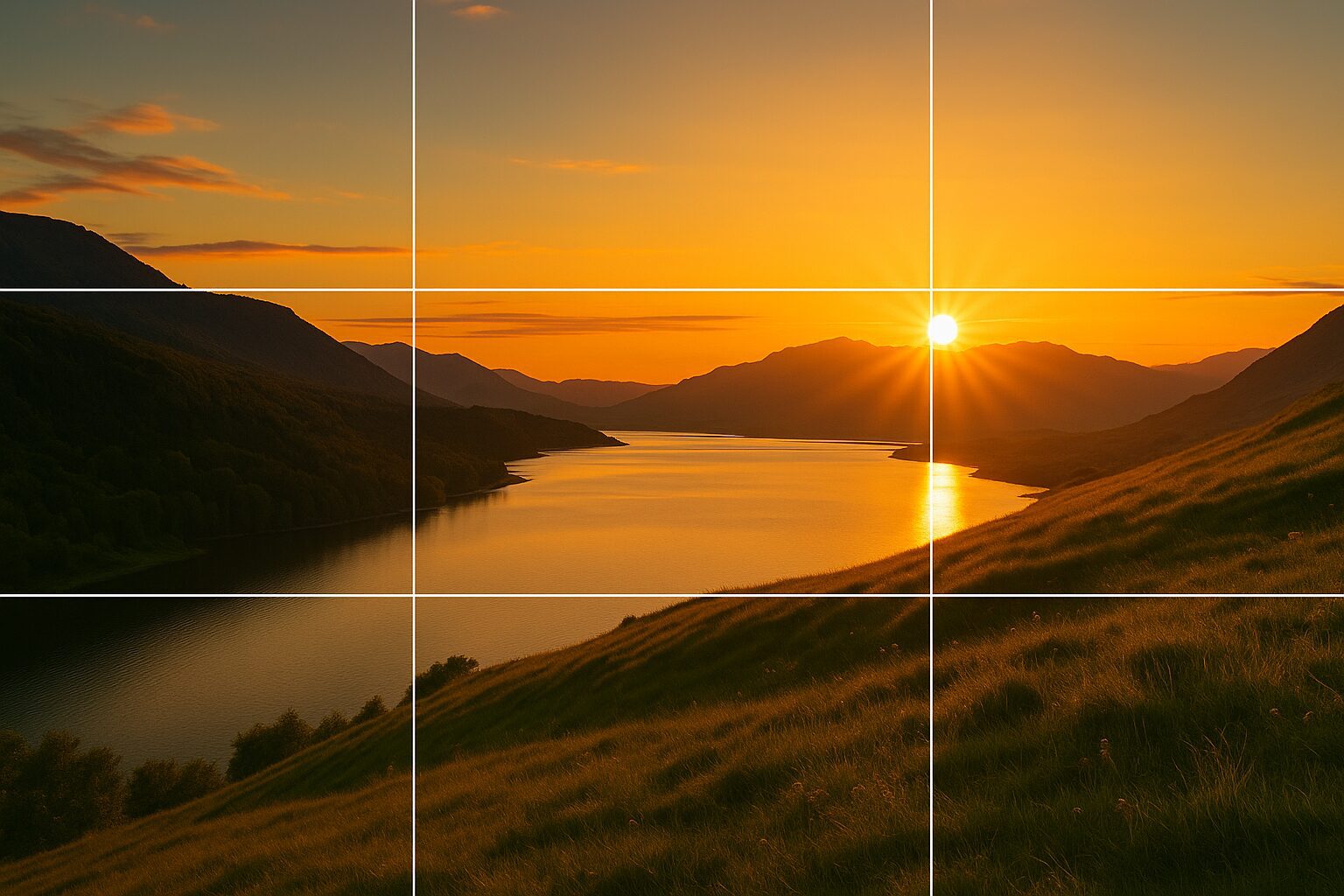 Landscape photo of a mountain lake at sunset with rule of thirds grid overlay, showing sun aligned at intersection point, demonstrating photography composition technique