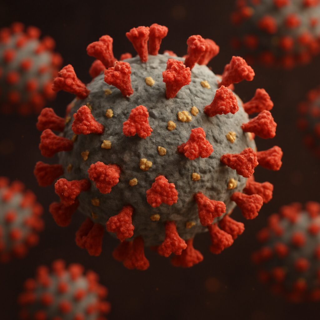 a magnified closeup view of the covid-19 virus