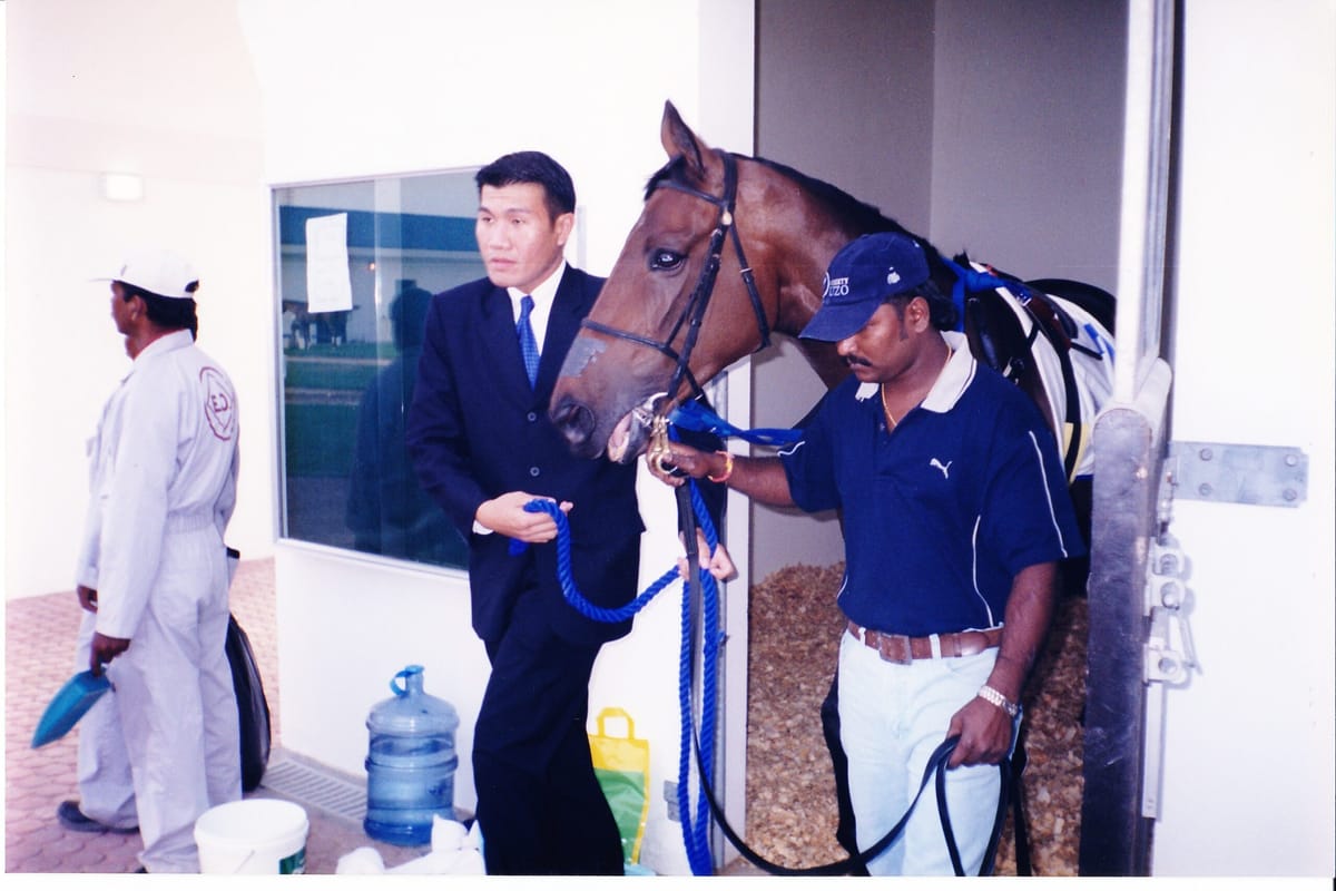Jerome leading ouzo out on Dubai world cup day. Horse Racing